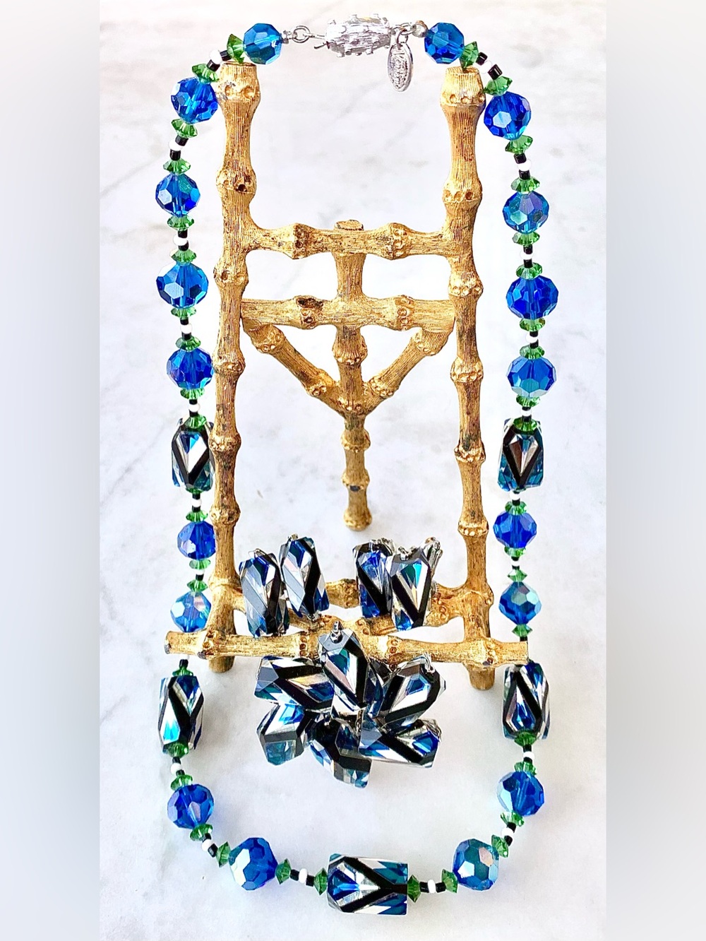 VENDOME Blue Crystal Bead Necklace and Brooch Set